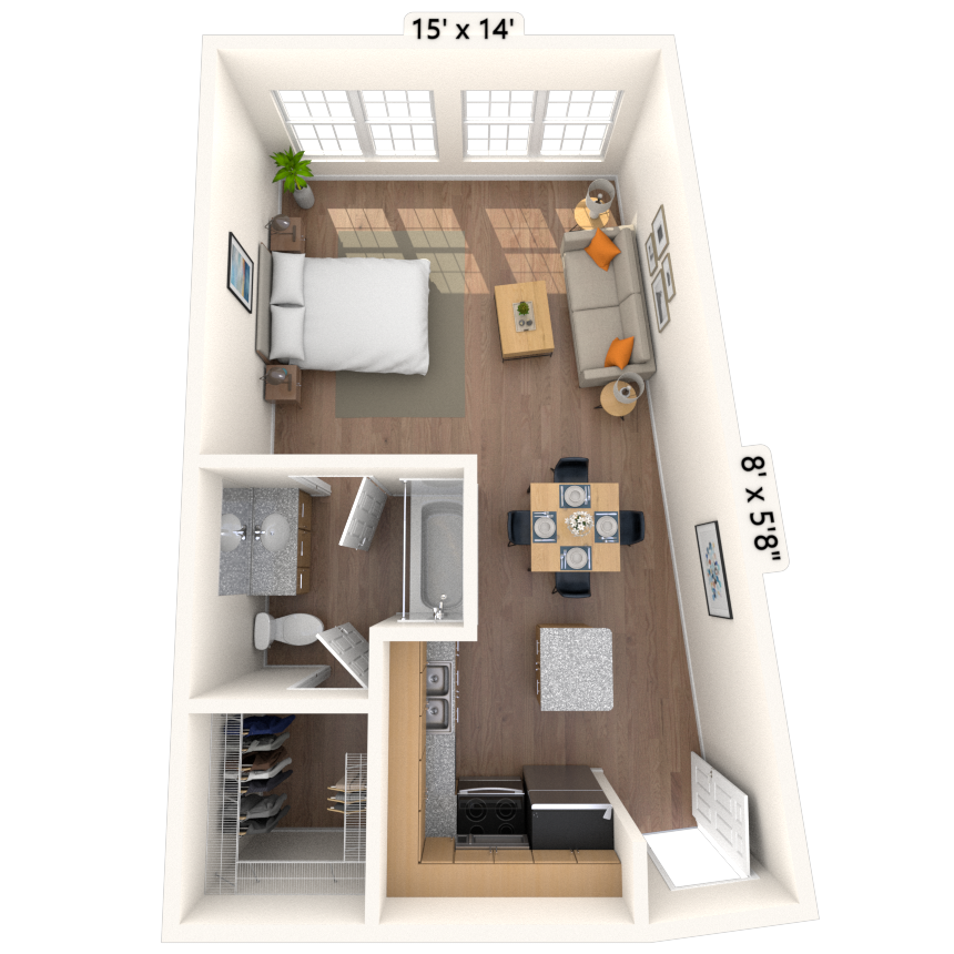 Floor plan for studio, 1 bath, 493 sqft
